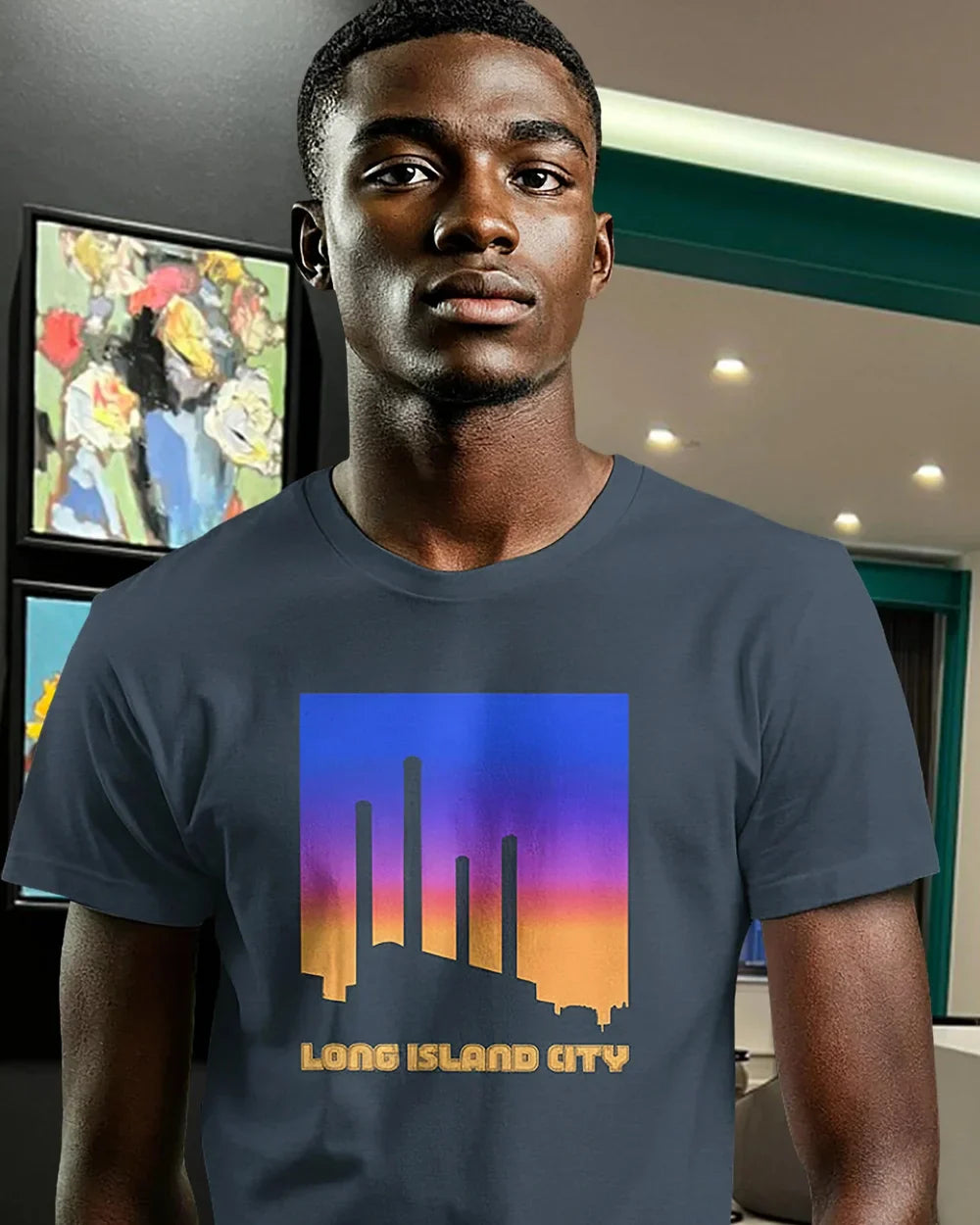 Man wearing Graphic T-shirt of Long Island city