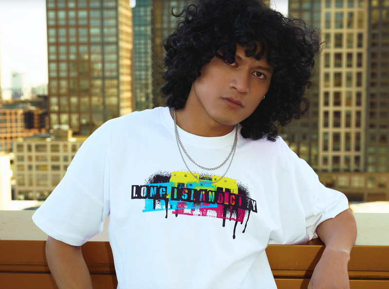 Man wearing Graphic T-shirt of Long Island city