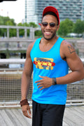 Man wearing a blue tank top with a Long Island City graphic design, black pants, and a red cap outdoors.