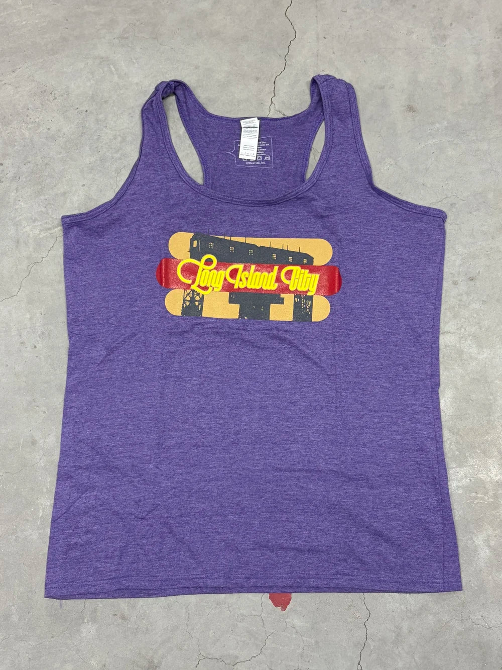 Women's purple tank top with hot dog Long Island city graphic