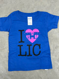 Indigo/purple t-shirt with 'I heart LIC' print