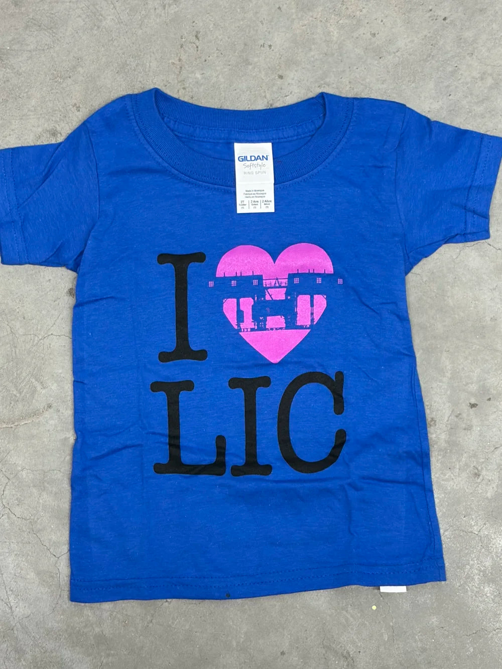 Indigo/purple t-shirt with 'I heart LIC' print