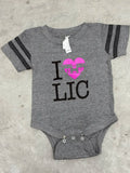 Gray baby onesie with 'I heart (in pink) LIC' print