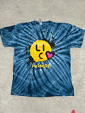 Blue Tie-dye t-shirt with a yellow "Long Island City" logo and text