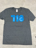 Unisex v-neck gray t-shirt with blue 718 graphic print