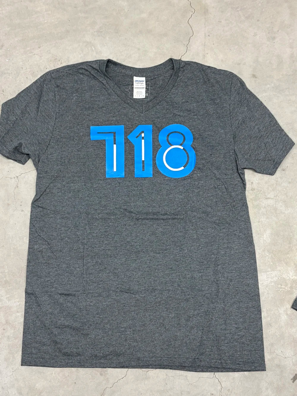 Unisex v-neck gray t-shirt with blue 718 graphic print
