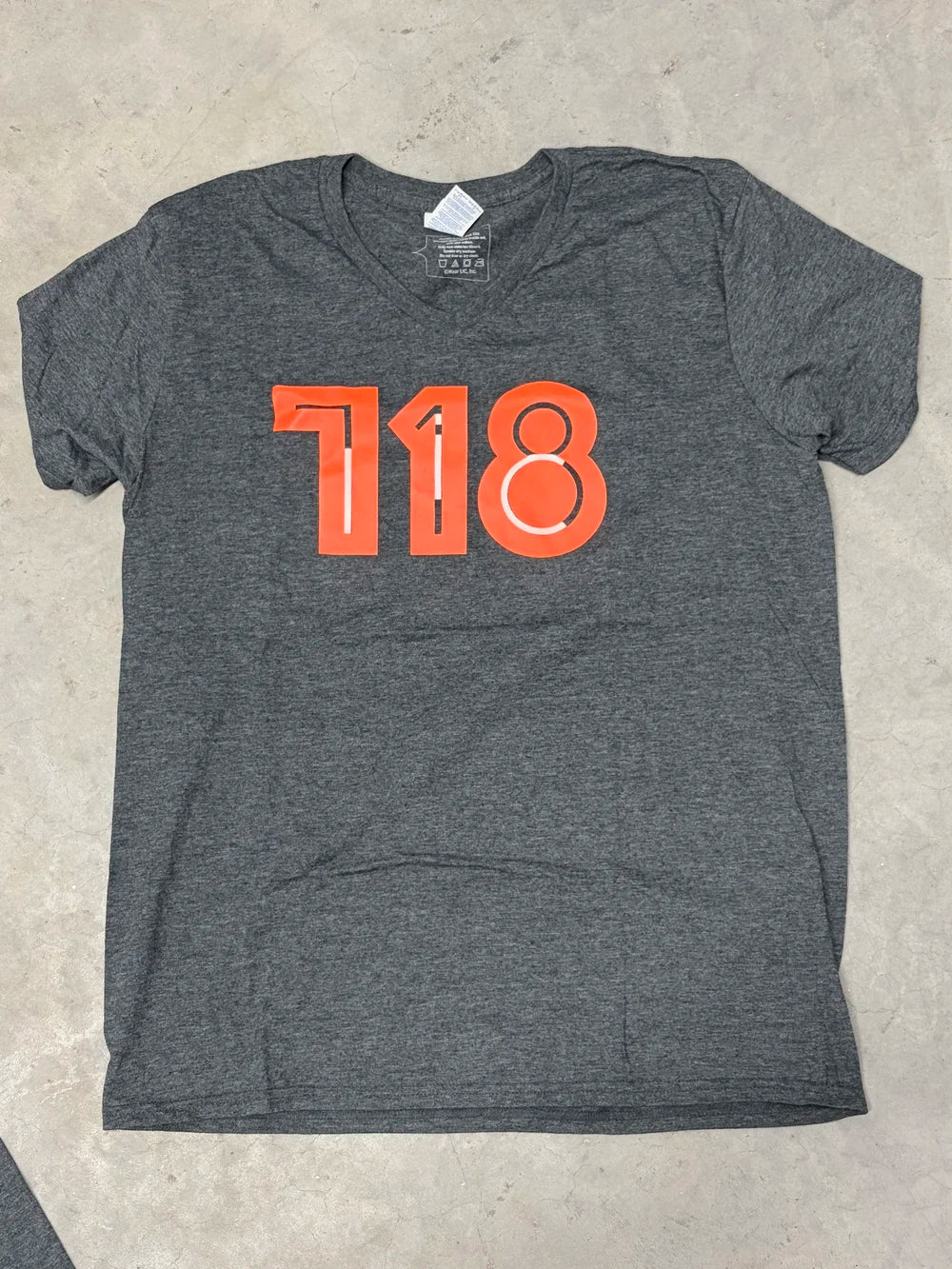 Unisex v-neck gray t-shirt with orange 718 graphic print