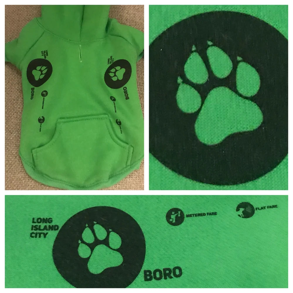 Green pet hoodie with black paw print design and 'Boro' text on a green background.