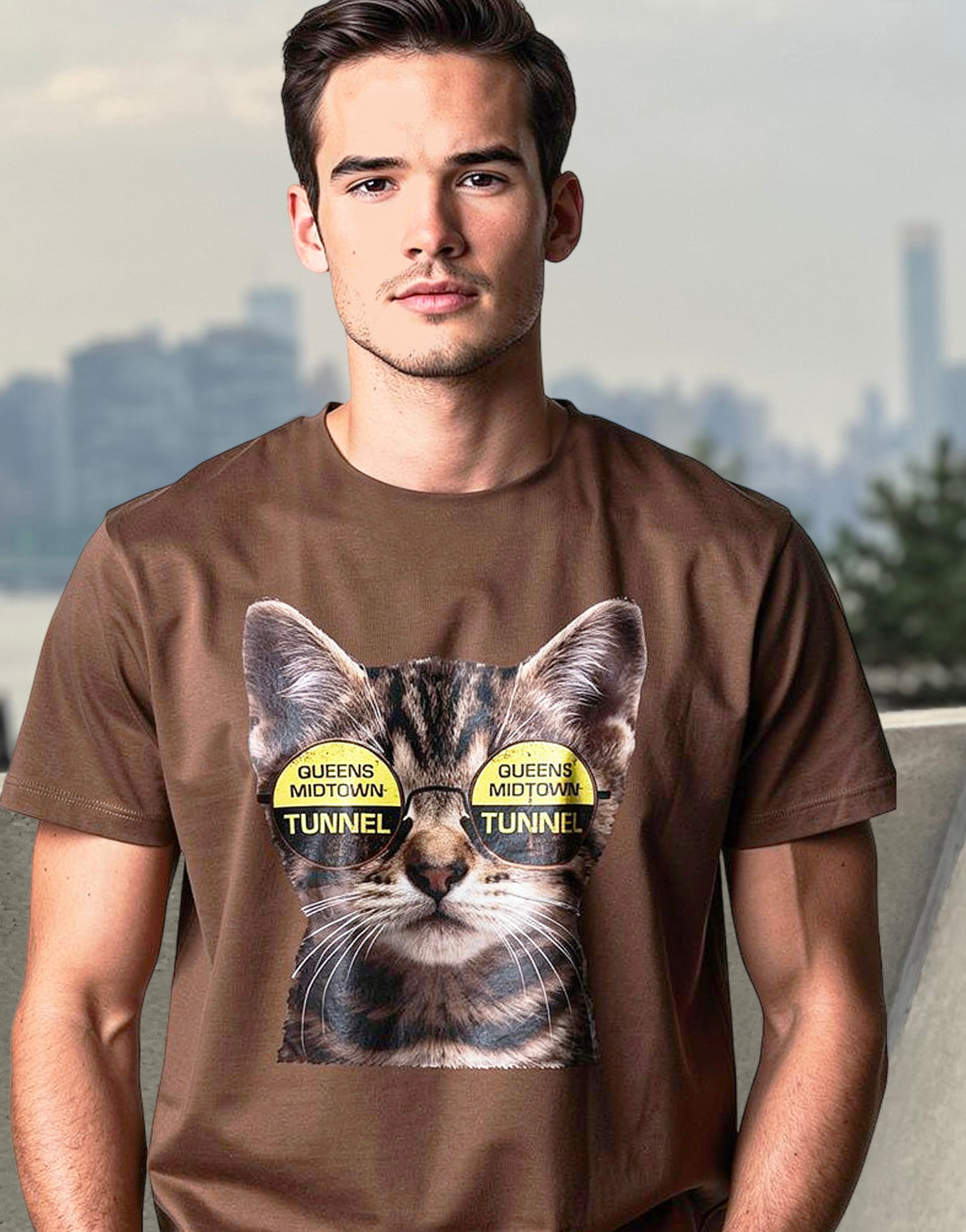 Man wearing a brown t-shirt with a graphic of a cat wearing glasses with Queens Midtown Tunnel text