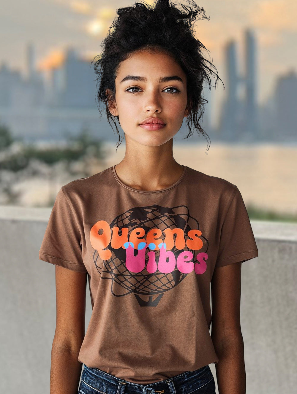 Person wearing a brown t-shirt with 'Queens Vibes' text and Unisphere globe, standing outdoors with a blurred cityscape background.