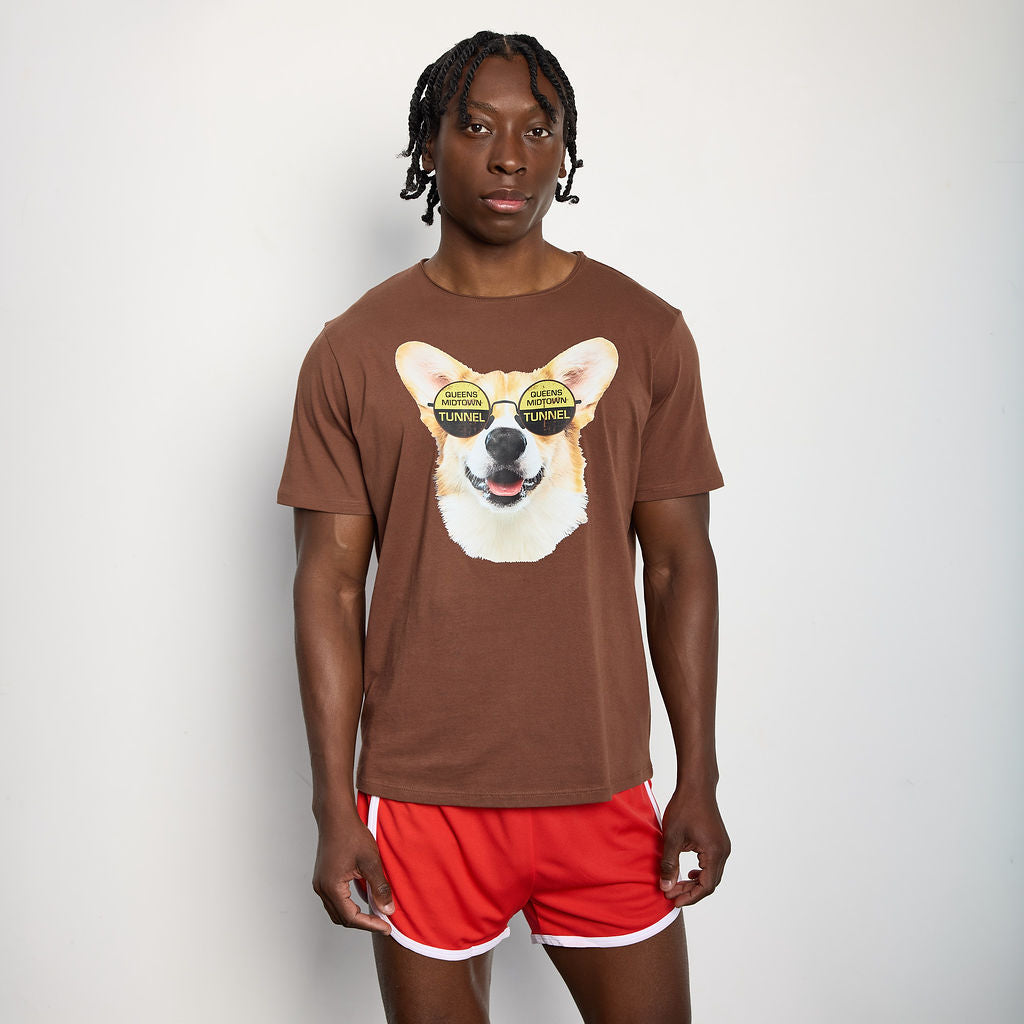 Person wearing a brown t-shirt with a dog graphic and red shorts on a plain background