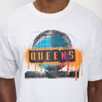 White t-shirt with 'QUEENS' graphic design on a plain background