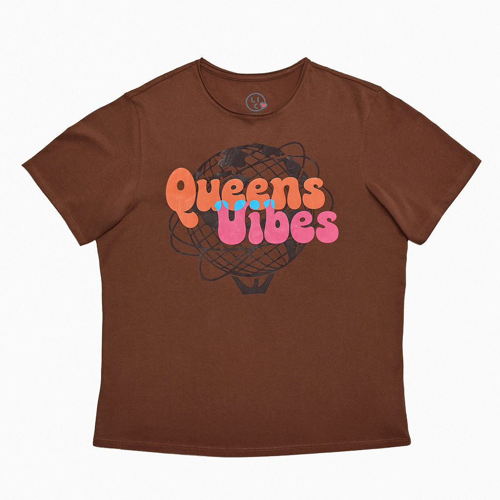 Brown t-shirt with 'Queens Vibes' text design on a white background
