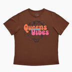 Brown t-shirt with 'Queens Vibes' text design on a white background