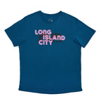 Blue t-shirt with 'Long Island City' text on a white background