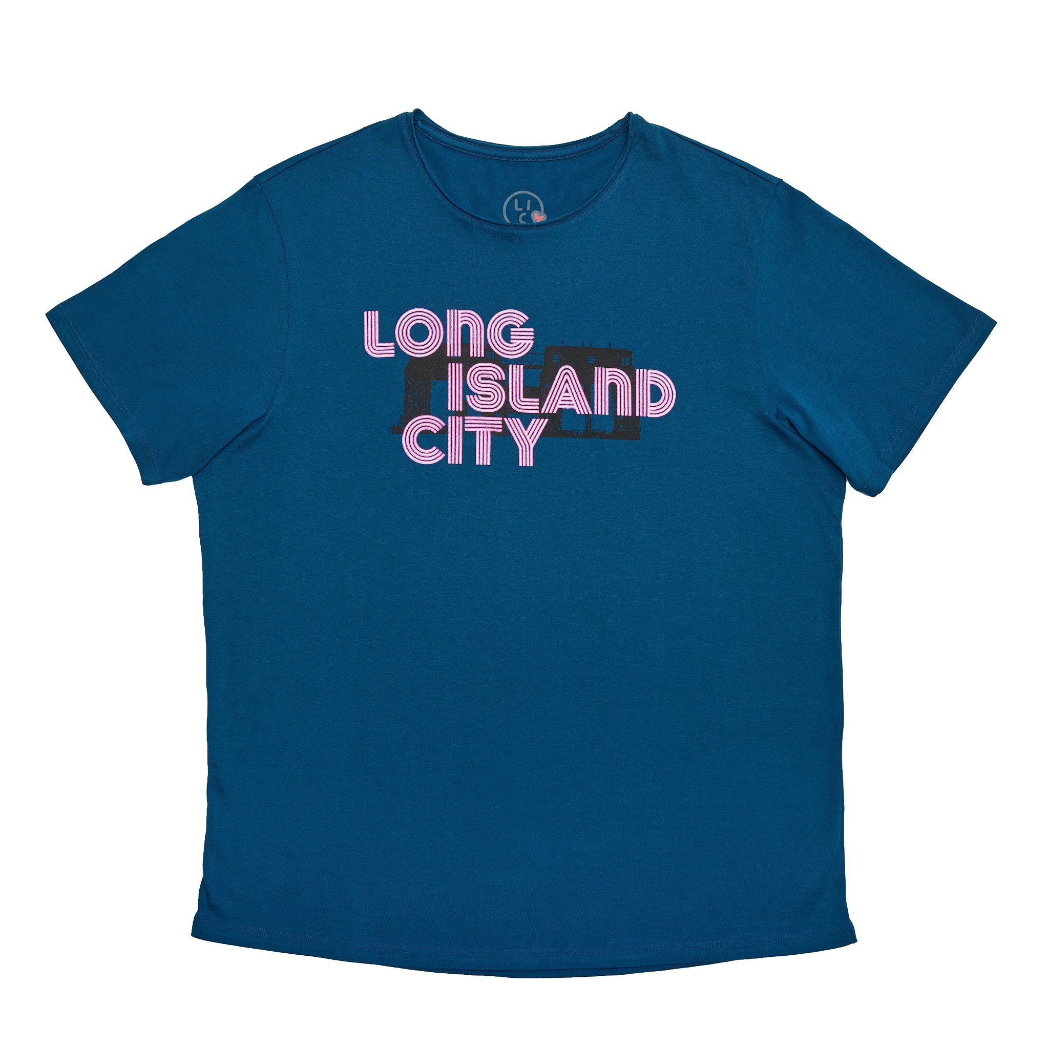 Blue t-shirt with 'Long Island City' text on a white background