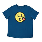 Blue t-shirt with a yellow smiley face graphic and 'LIC' text on a white background