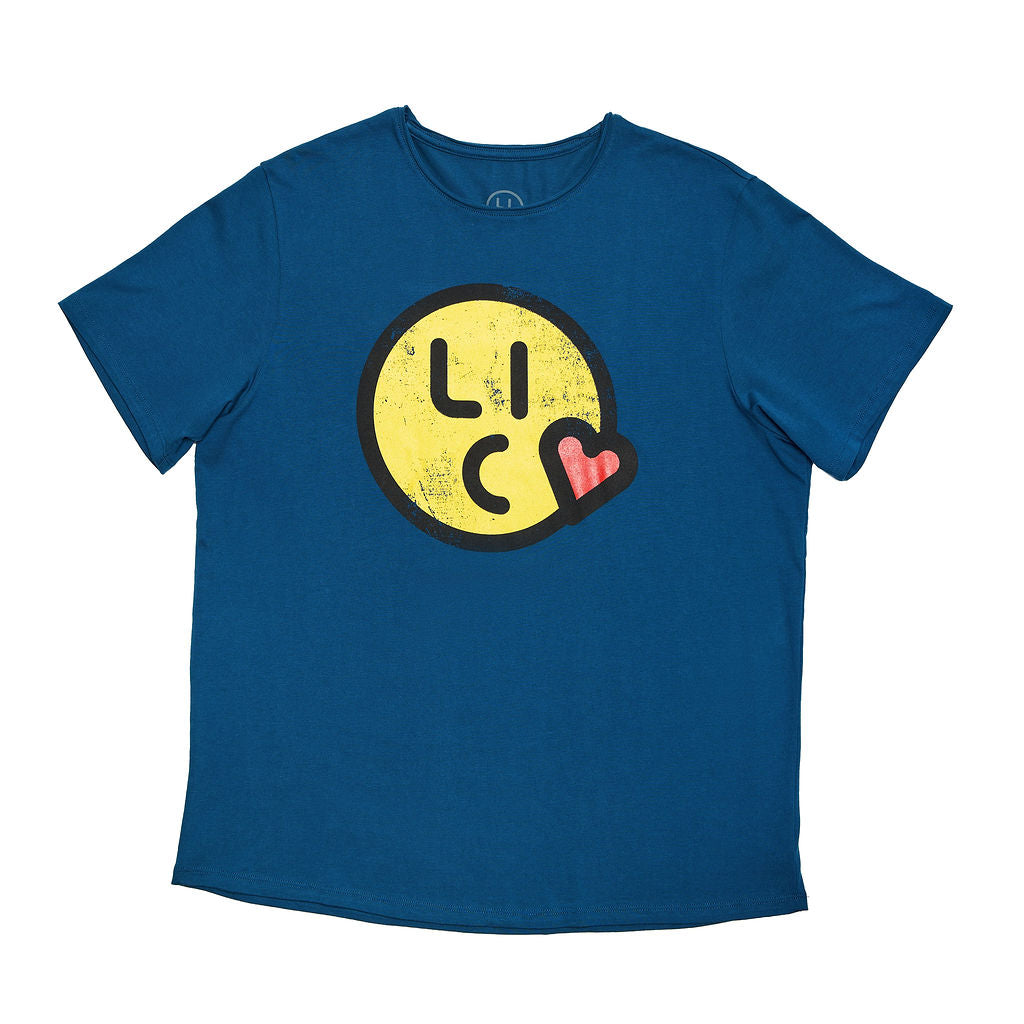 Blue t-shirt with a yellow smiley face graphic and 'LIC' text on a white background