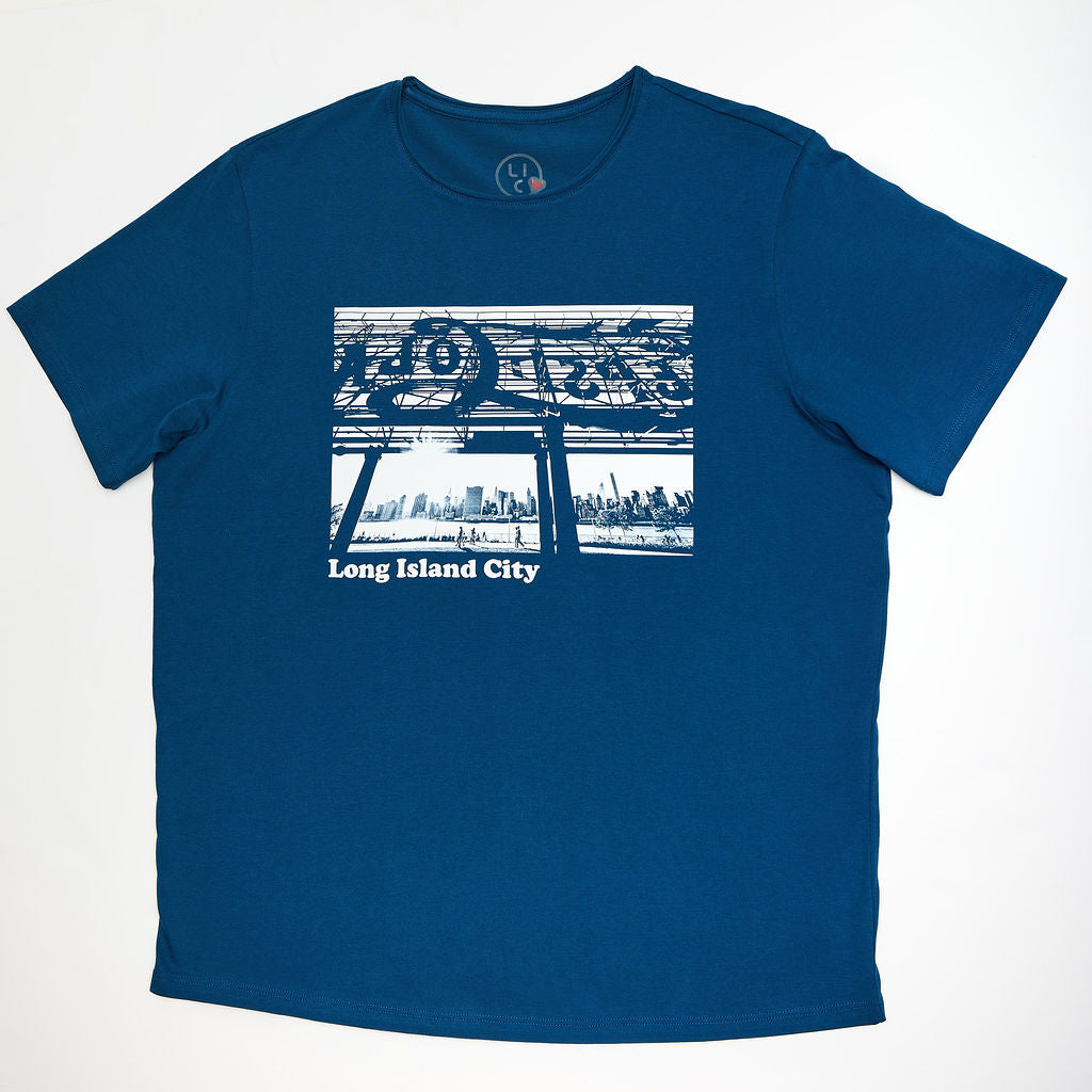 Blue t-shirt with graphic design and text on a white background