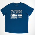 Blue t-shirt with graphic design and text on a white background