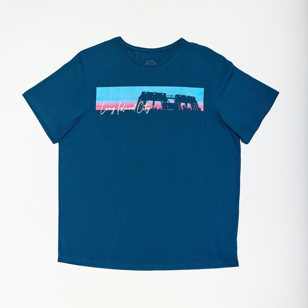 Blue t-shirt with a graphic design on a white background