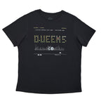 Black t-shirt with 'Queens' graphic design on a white background