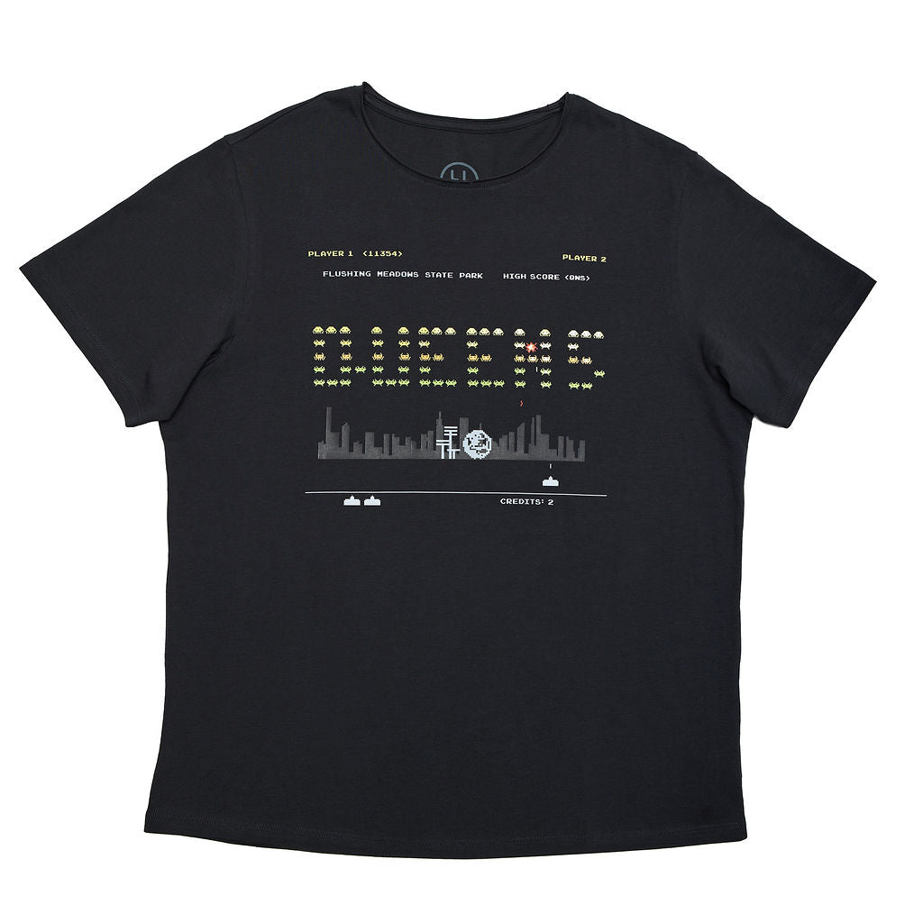 Black t-shirt with 'Queens' graphic design on a white background