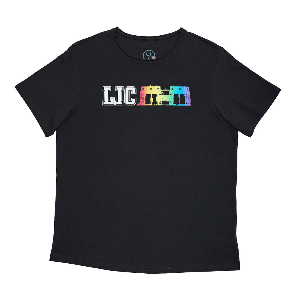 Black t-shirt with colorful 'LIC' graphic on a white background