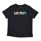 Black t-shirt with colorful 'LIC' graphic on a white background