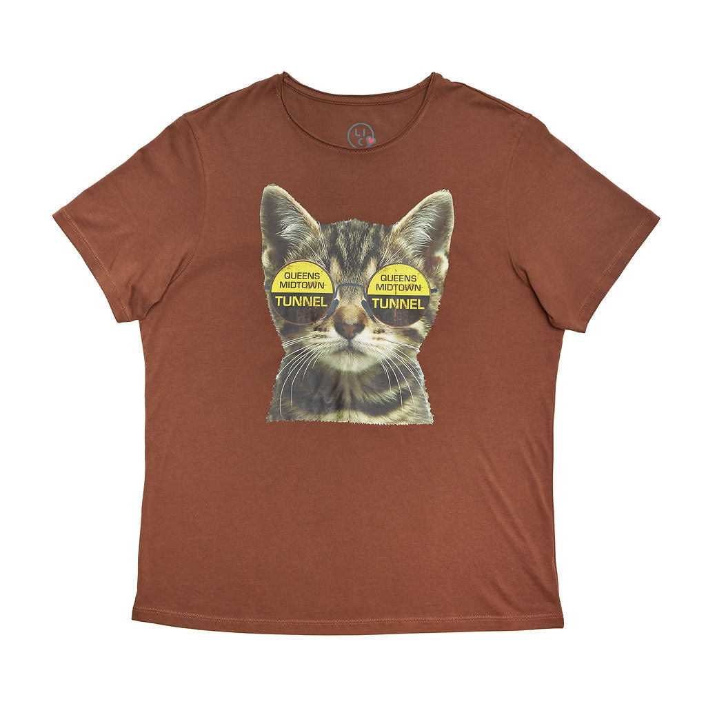 Brown t-shirt with a cat graphic and text on a white background