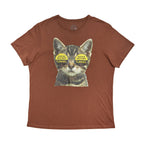 Brown t-shirt with a cat graphic and text on a white background