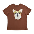 Brown t-shirt with a dog graphic wearing sunglasses on a white background