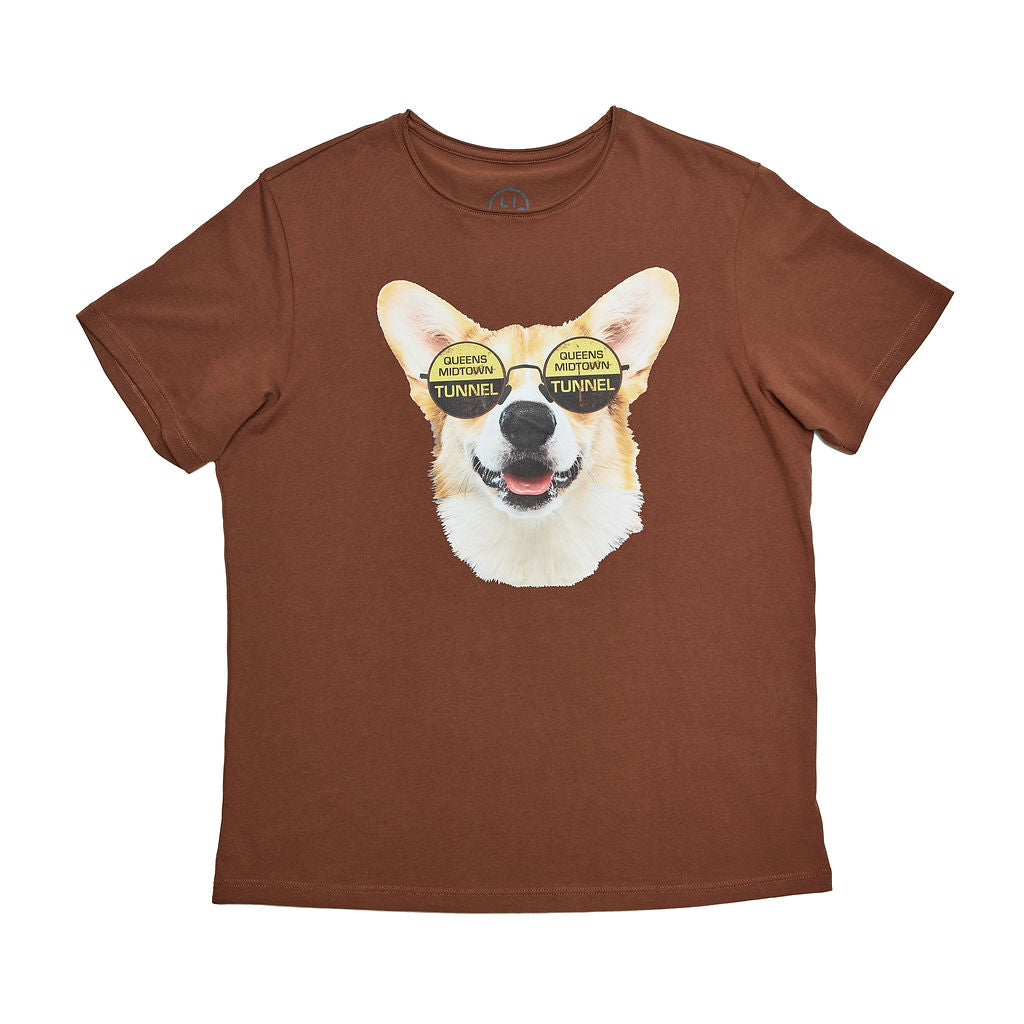 Brown t-shirt with a dog graphic wearing sunglasses on a white background
