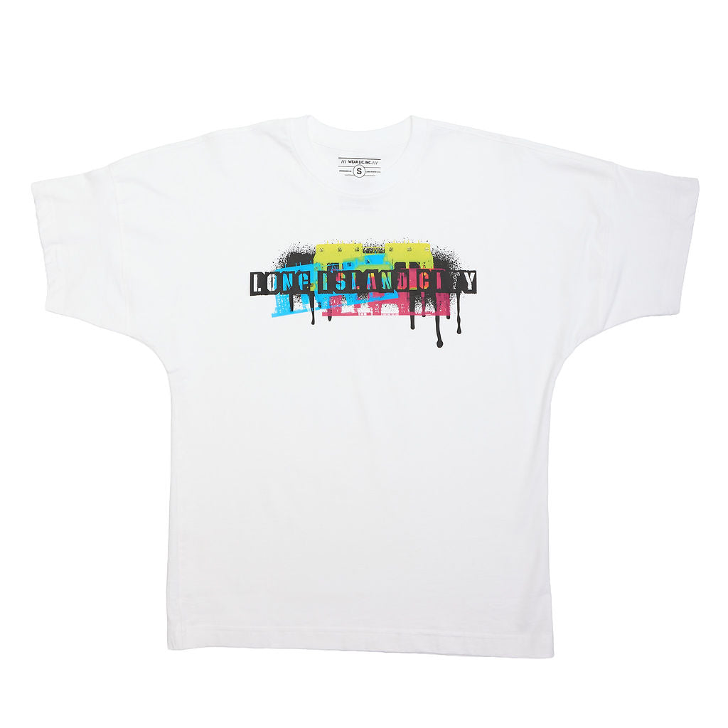 White t-shirt with colorful graphic design on a white background