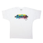 White t-shirt with colorful graphic design on a white background