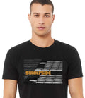 Man wearing a black t-shirt with 'Sunnyside' design on a white background