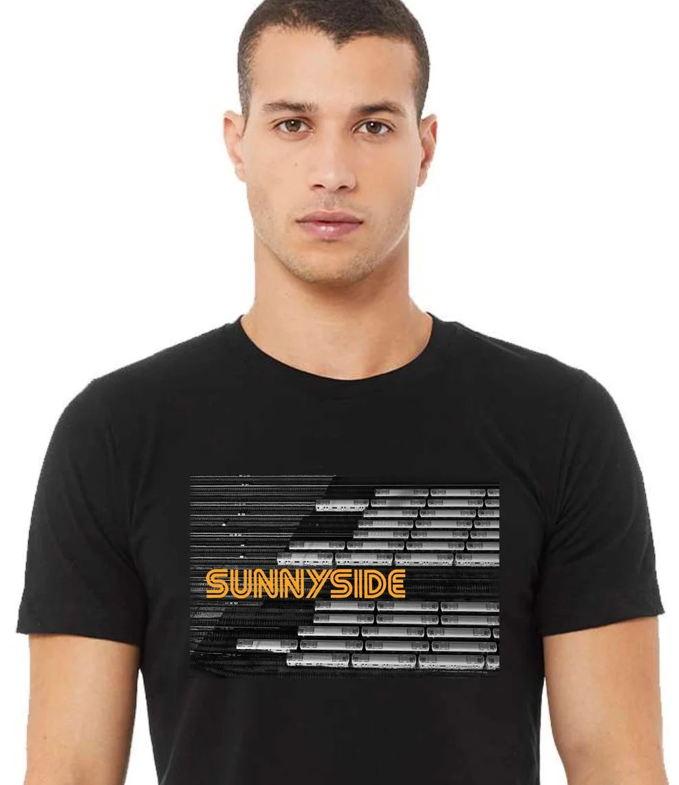 Man wearing a black t-shirt with 'Sunnyside' design on a white background