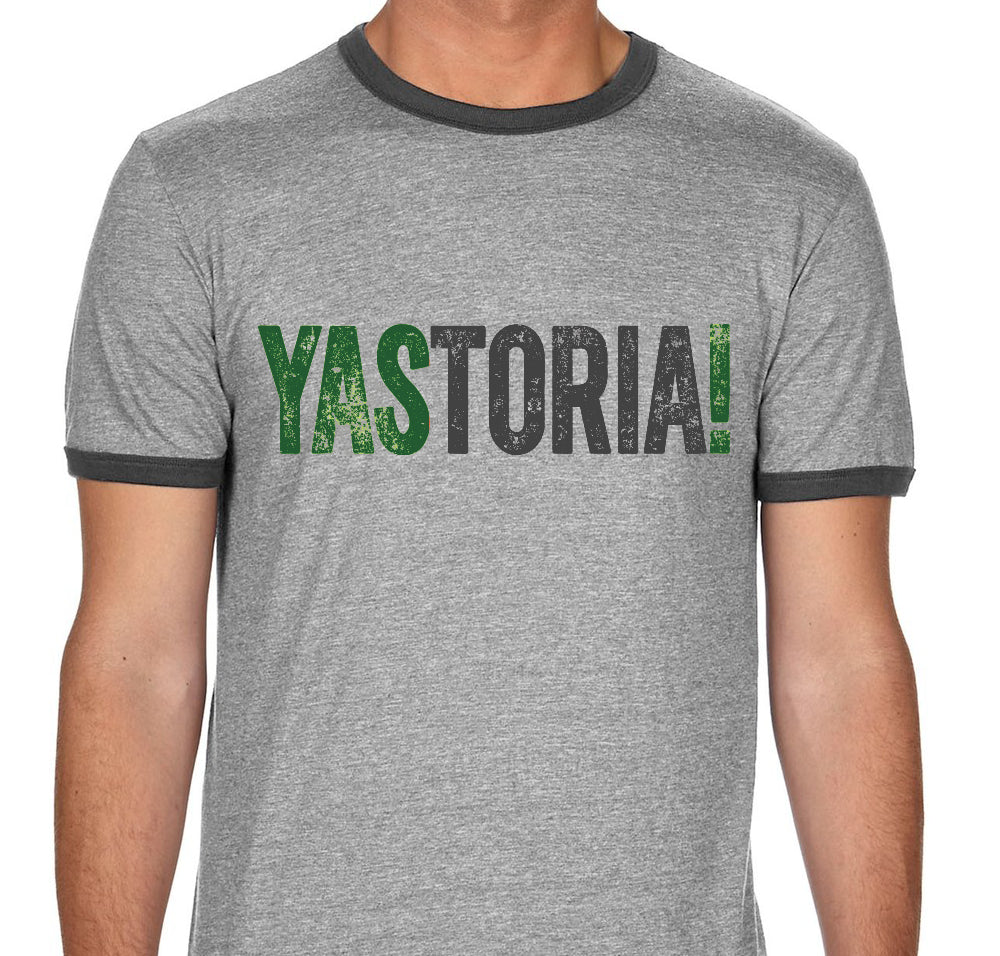 Gray t-shirt with 'YASTORIA!' printed in green and gray on a white background